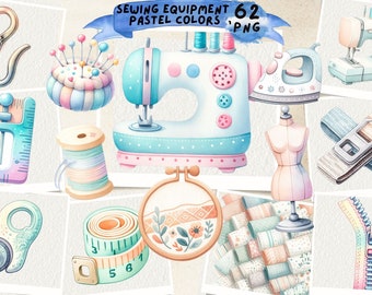 May include: A set of watercolor illustrations of sewing equipment in pastel colors. The set includes a sewing machine, a pincushion, a spool of thread, a measuring tape, a pair of scissors, a thimble, a button, a needle, a zipper, a seam ripper, a dress form, and a piece of fabric.