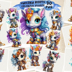 Unicorn Boots Colorful Fluffy Clipart, Unicorn Clipart, Cute Baby Unicorn, Cosmic Magical Unicorn, Junk Journal clipart, Rainbow Unicorn