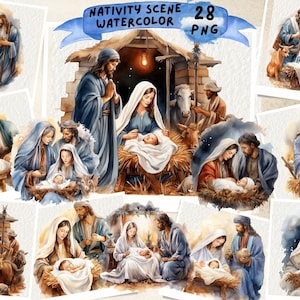 Watercolor Nativity Scene Clipart, Christmas Nativity Set Clipart, Christmas Jesus Clipart, Baby Jesus Clipart, Religious Clipart Baby Jesus