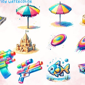 Pixel Summer Watercolor Clipart, Pixel Beach Clipart, Pixel Game ...