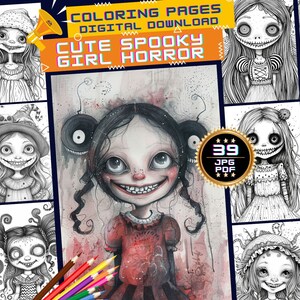 Cute Girls Spooky Cloring Pages, Girl Horror Coloring Book for Kids & Adults, Spooky Coloring Pages, Horror Cuties, Printable PDF Pages