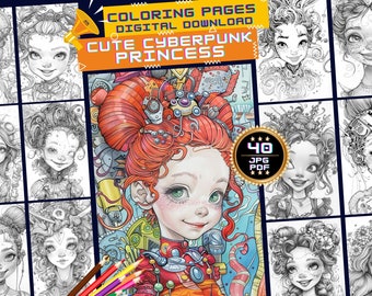 Cyberpunk Princess Coloring Page, Cyberpunk Babes Coloring Book, Cyberpunk Girls Coloring Pages, Adults Printable Grayscale Coloring Book