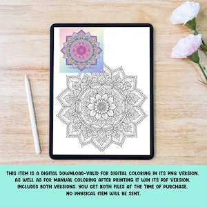 Pu&ograve; includere: Un download digitale visualizzato su un tablet, con un disegno mandala in bianco e nero da colorare. Un mandala pi&ugrave; piccolo e colorato &egrave; nell'angolo. Uno stilo &egrave; appoggiato accanto al tablet. Il testo sull'immagine indica che si tratta di un download digitale.