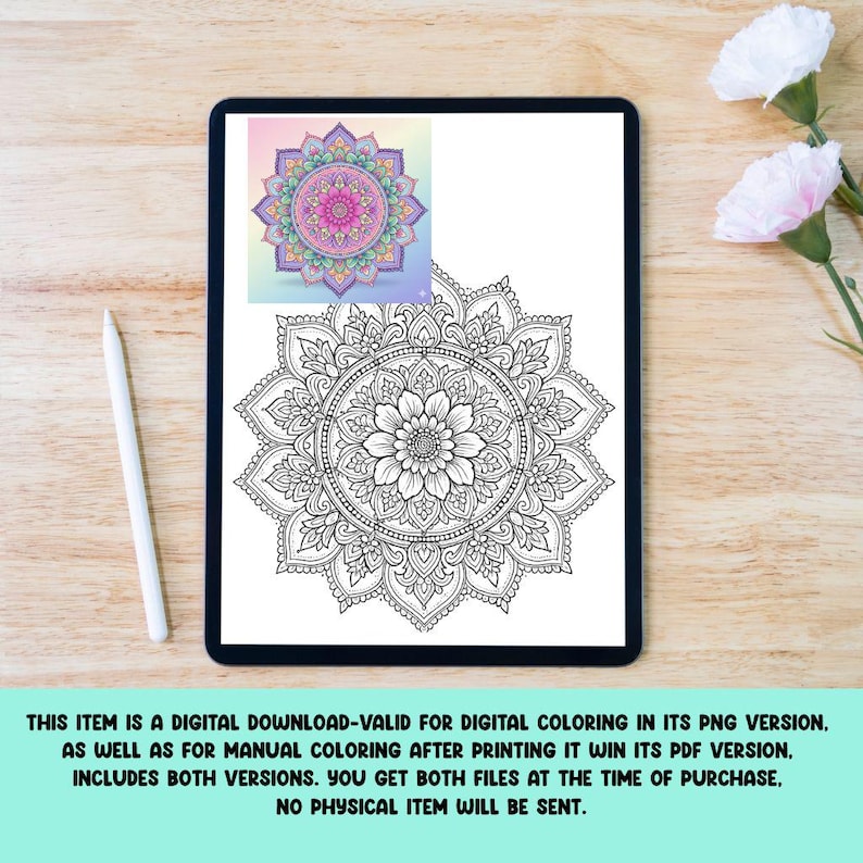 Pu&ograve; includere: Un download digitale visualizzato su un tablet, con un disegno mandala in bianco e nero da colorare. Un mandala pi&ugrave; piccolo e colorato &egrave; nell'angolo. Uno stilo &egrave; appoggiato accanto al tablet. Il testo sull'immagine indica che si tratta di un download digitale.