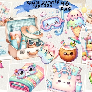 Clipart de playa kawaii, clipart de verano, lindos personajes de dibujos animados kawaii, gráficos de clipart digitales, pegatinas de verano, diario basura, álbumes de recortes