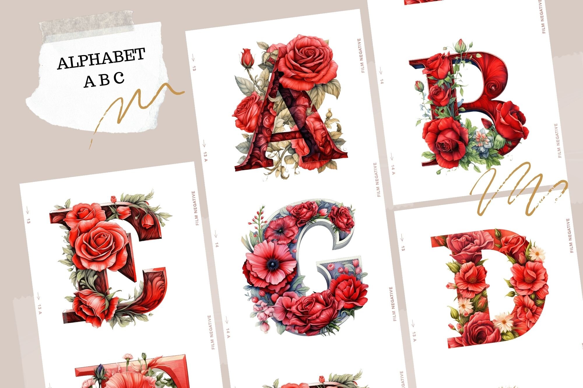 Red Rose Alphabet Clipart: Watercolor Floral Monogram (PNG Digital ...
