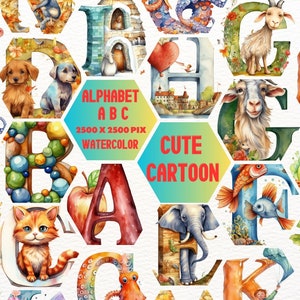 ABC Animals Cartoon Watercolor clipart, alphabet, letters, a to z, card, poster, nursery, school, wild, baby, cute, preschool, teacher
