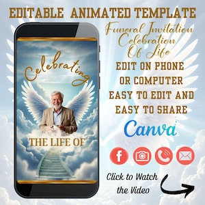 Invitación digital a funeral, celebración de la vida, invitación telefónica, invitación conmemorativa, invitación electrónica editable a funeral, invitación por mensaje de texto.