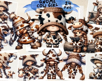 Cow Girl Gnomes Watercolor Clipart: Western Scrapbooking (PNG)