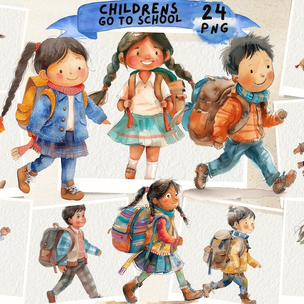 Children Going to School Clip Art, School Girl Clipart, Back to School Clipart Bundle, Cute Girl With Backpack PNG, School Kids Images