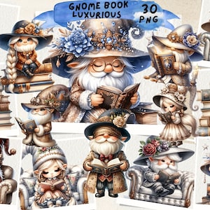 Watercolor Gnome Clipart: Reading Gnomes, Pastel Nursery Art (PNG)