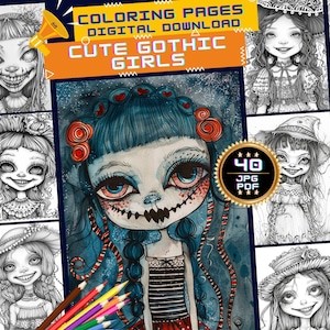Cute Gothic Girls Coloring Pages, Kawaii Gothic Girls Grayscale, Gothic Chibi Girls, Horror Spooky Little Doll, Cute Manga Anime Fantasy