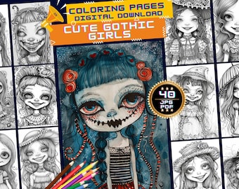 Cute Gothic Girls Coloring Pages, Kawaii Gothic Girls Grayscale, Gothic Chibi Girls, Horror Spooky Little Doll, Cute Manga Anime Fantasy
