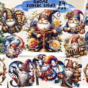 Clipart Zodiac Gnomes, Whimsical Gnome Clipart Astrology Art Gnome Zodiac Printables Astrological Decor Digital, Junk Journal, Scrapbook