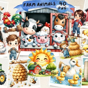 Clipart de fazenda fofo, animais animados fofos, vaca, fazenda, galinha, celeiro, cavalo, ovelha, animais de fazenda, bebê da fazenda, diário de sucata, scrapbooking