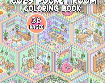 May include: A coloring book titled "Cozy Pocket Room Coloring Book" with 36 pages. The cover features a hexagonal grid of cozy room illustrations in pastel colors, including desks, plants, and beanbag chairs.
