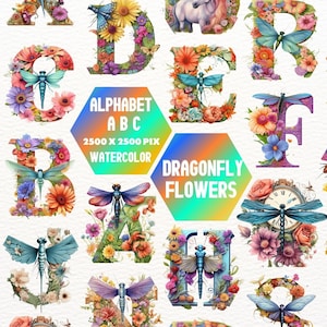 Watercolor Dragonfly Alphabet Clipart: Floral Bouquet Letters (PNG)