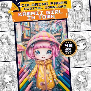 Kawaii Girl in Town Coloring Page,Cute Little Girls with Animal, Coloring Pages for Adults and Kids Instant Download Grayscale
