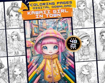 May include: A digital coloring book featuring 40 pages of black and white illustrations of a kawaii girl in a town setting. The illustrations are detailed and intricate, and the book is perfect for adults and children who enjoy coloring.