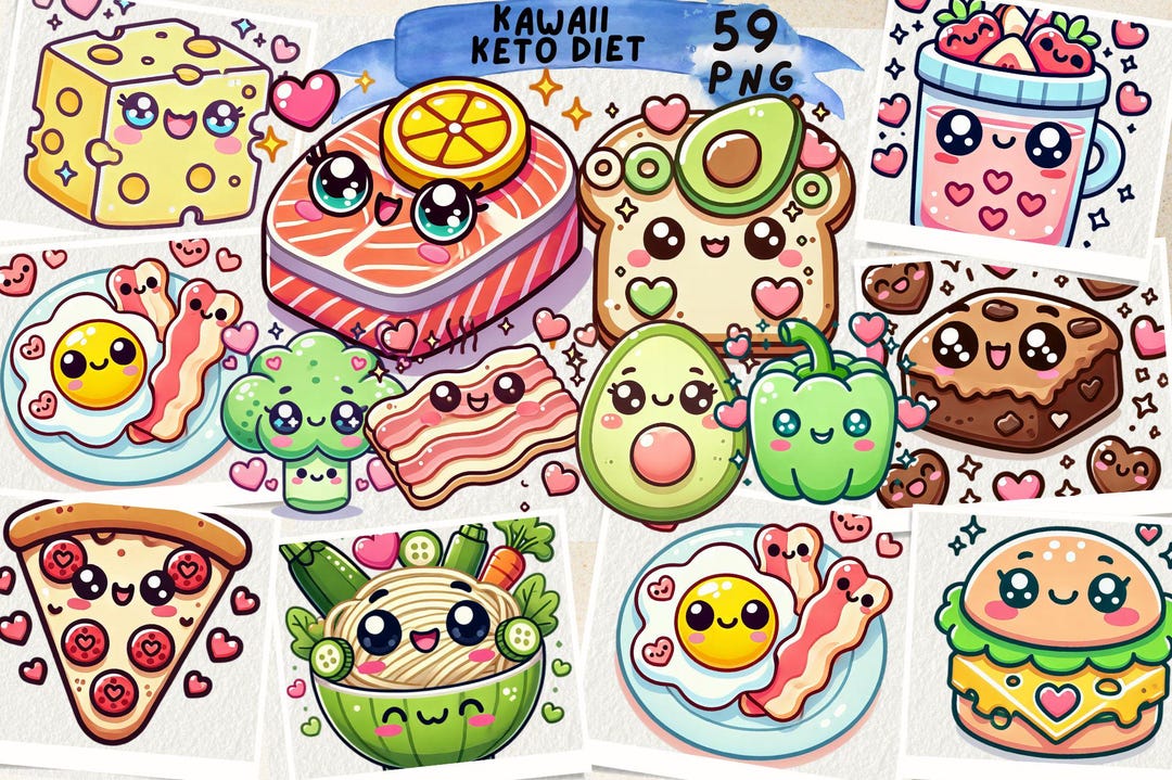 Adorable Kawaii Keto Diet Clipart, Cute Low-carb Food Illustrations for Meal Planning, Digital ...
