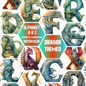 Dragon Themed Alphabet Clipart, Dragon Clipart ,Celtic Alphabet Watercolor png , digital print, illustration set, stickers, Scrapbook