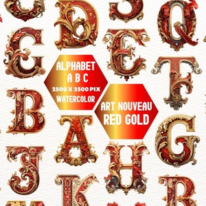 Puede incluir: Letras del alfabeto en acuarela roja y dorada con diseños florales ornamentados. Cada letra mide 2500 x 2500 píxeles. Art Nouveau Rojo Oro Alfabeto A B C.