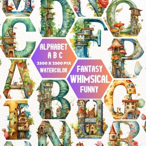 Whimsical fantasy funn Alphabet, Fairy Tale Letters Clipart, Fantasy Fonts English, Alphabet Magical Kingdom, Illustration Children Clipart