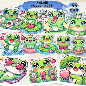 Cute Frog Clipart, Kawaii Funny Frog, Kawaii png, Kawaii Tiny Frogs Set, Kawaii Funny Frogs Clipart, Digital Prints, Print Downloads, Crafts