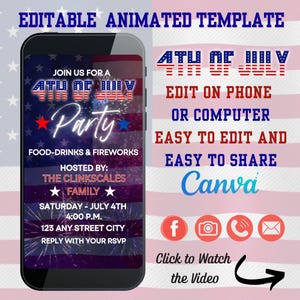 Invito digitale modificabile per la festa del 4 luglio, invito video per il 4 luglio su Canva, modello di invito patriottico animato, invito per il Giorno dell'Indipendenza