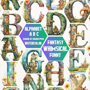 Clipart de letras de cuento de hadas, diversión de fantasía caprichosa, fuentes de fantasía en inglés, alfabeto reino mágico, ilustración clipart infantil PNG