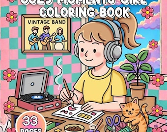 May include: A colorful illustration of a coloring book titled "Cozy Moments Girl Coloring Book." The image features a girl with headphones, a record player, a cat, and a framed picture of a band. The book has 33 pages.