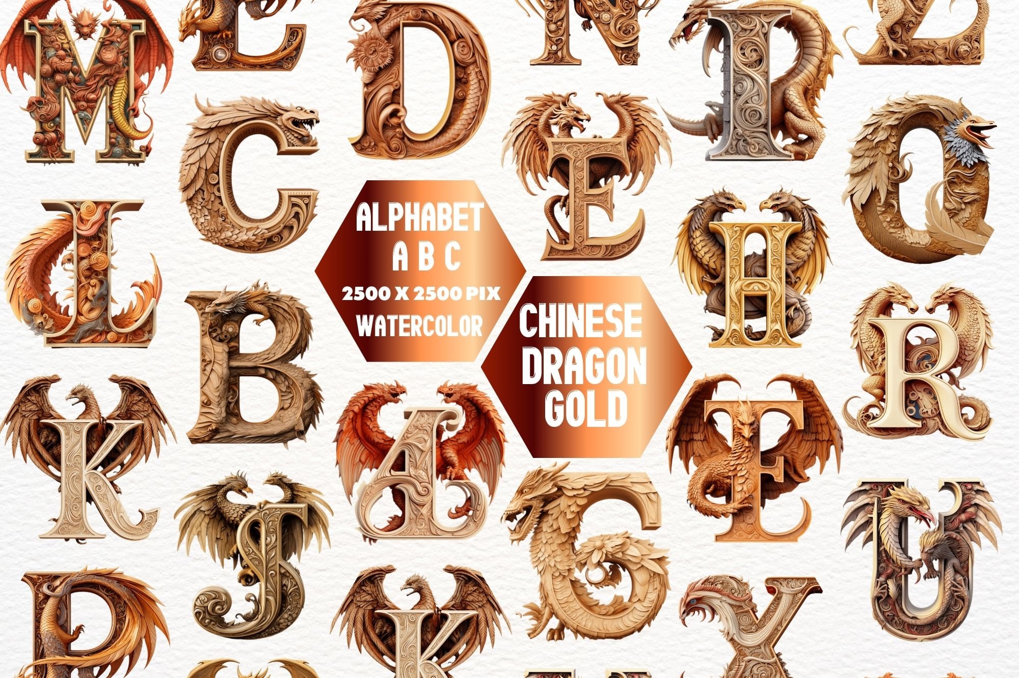 Chinese Dragon Alphabet Clipart: Gold Illuminated Letters (PNG) - Etsy