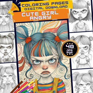 Può includere: Un set di 40 pagine da colorare con ragazze carine con espressioni arrabbiate. Le pagine sono in bianco e nero e sono pronte per essere colorate. L'immagine mostra una varietà di ragazze con diversi stili di capelli e abiti. Il titolo del set è "Cute Girl Angry".