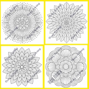 Pu&ograve; includere: Quattro disegni di mandala in bianco e nero su sfondo giallo. Ogni mandala presenta intricati motivi floreali e geometrici, perfetti per la colorazione. I disegni includono petali, foglie ed elementi circolari dettagliati.