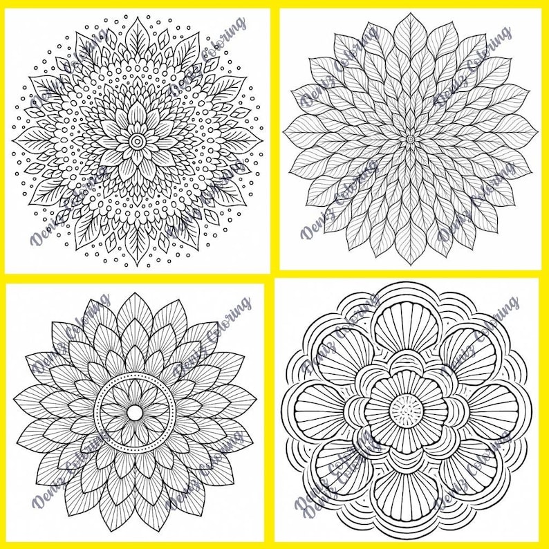 Pu&ograve; includere: Quattro disegni di mandala in bianco e nero su sfondo giallo. Ogni mandala presenta intricati motivi floreali e geometrici, perfetti per la colorazione. I disegni includono petali, foglie ed elementi circolari dettagliati.