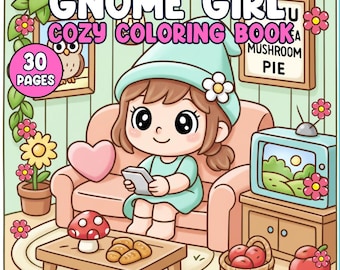 Adorable Gnome Girl Coloring Pages for Kids and Adults, Printable Whimsical Fantasy Scenes, Cute Gnome Coloring Sheets PDF Instant Download