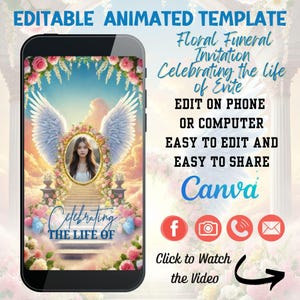 Modèle animé éditable d'invitation pour funérailles florales | Célébration commémorative numérique de la vie Evite pour téléphone ou ordinateur, fleur
