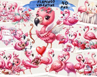 Valentines Flamingos Watercolor Clipart, Cute Valentine Flamingo, Animals In Love, Pink Flamingo, Wall Art, Junk Journal, Scrapbooking