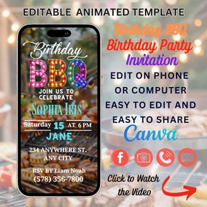 Animated Birthday BBQ Invitation: Editable Canva Template (Digital)