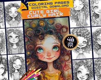 Curly Girl Grayscale Coloring Pages, Cute Girl Coloring Book,  Super Cute Girl Coloring Book, Adults And Kids, Instant Download