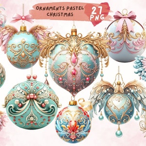 オーナメント パステル クリップアート、クリスマス オーナメント、水彩クリスマス オーナメント PNG、クリスマス クリップアート、クリスマス デコレーション クリップアート