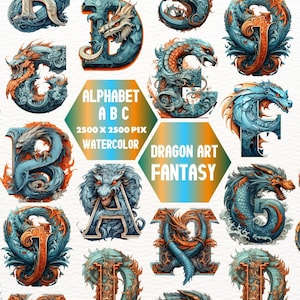 Dragon Art Letters Clipart Illuminated, Fantasy Dragon , Alphabet Graphics Fantasy Fonts, English Alphabet, Dragon Fancy Letters