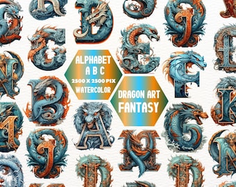Dragon Art Letters Clipart: Fantasy Alphabet Graphics (PNG Digital Download)