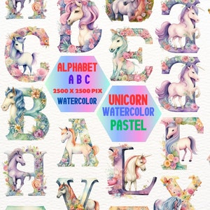 Unciorn Watercolor Clipart, Unicorn, Alphabet Unicorn,  Wall Art Unicorn Birthday Clipart Sublimation Clipart, Doodle Letters, Alphabet