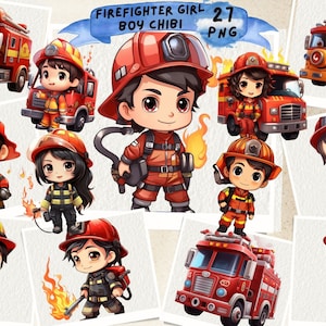 Cute Firefighter, Girl and Boy Chibi Clipart, Firefighter Png,  Fire building Personal and Commercial Use, Download Digital Png File
