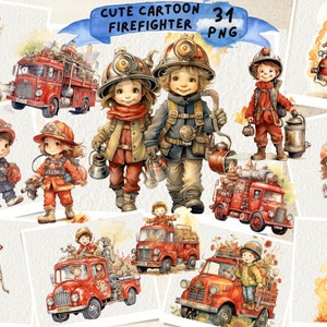 Firefighter Clipart, Cute Fireman Clipart, Kids Firefighters Clipart, Fire Truck png, Digital Download, Personal and Commercial use