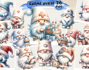 Nurse Doctor Gnomes Watercolor Clipart: Medical Scrapbook (PNG)
