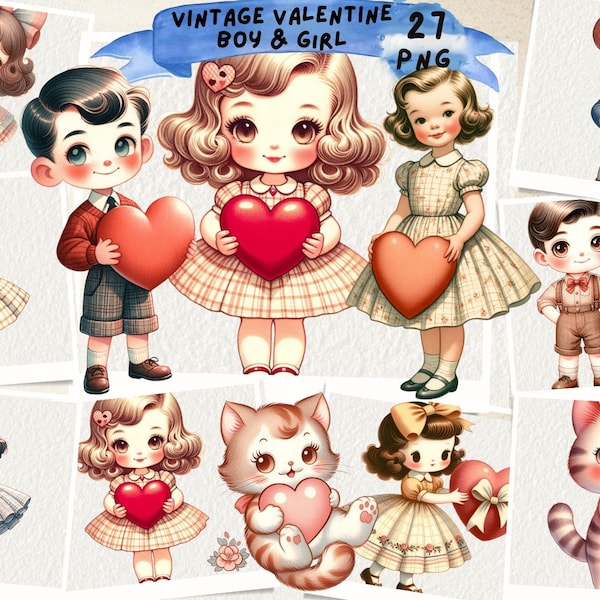 Vintage Valentine Clipart, Retro Children Valentine, Valentine's day, Boy and Girl Holding Hands, Nursery art, Junk Journal, Scrapbooking