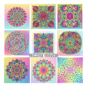 Pu&ograve; includere: Nove disegni di mandala colorati con motivi e sfumature intricate. I disegni includono temi floreali, geometrici e celesti, con una variet&agrave; di colori vivaci. Il testo "SAMPLE COLORS" &egrave; visualizzato in basso.