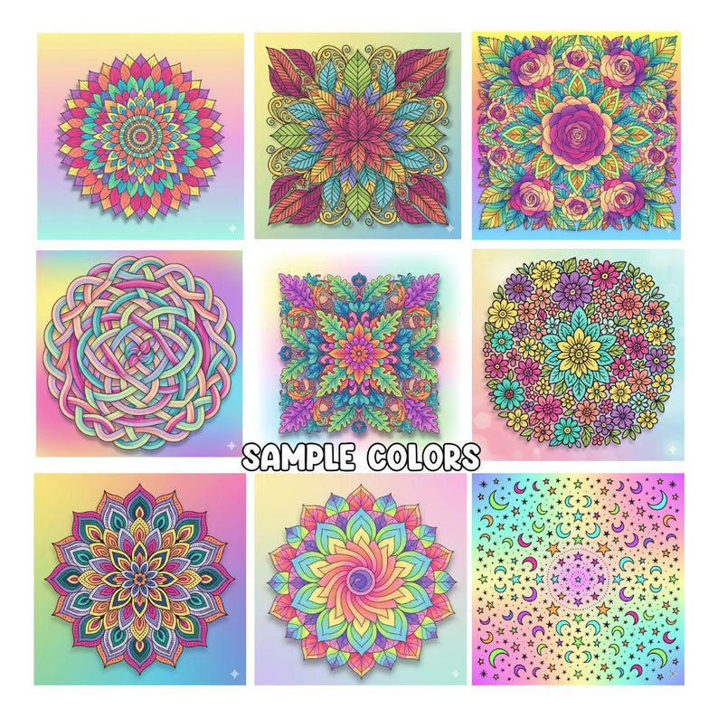 Pu&ograve; includere: Nove disegni di mandala colorati con motivi e sfumature intricate. I disegni includono temi floreali, geometrici e celesti, con una variet&agrave; di colori vivaci. Il testo "SAMPLE COLORS" &egrave; visualizzato in basso.
